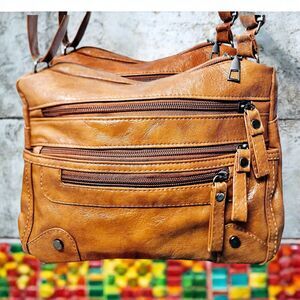 Brown Multi Pocket Woman's Purse Faux Leather Everyday Crossbody Shoulder Bag